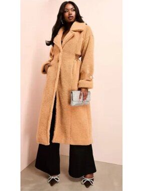 ASOS Luxe Teddy Faux Fur Long Coat Camel Beige Gathered Waist Oversized US 6